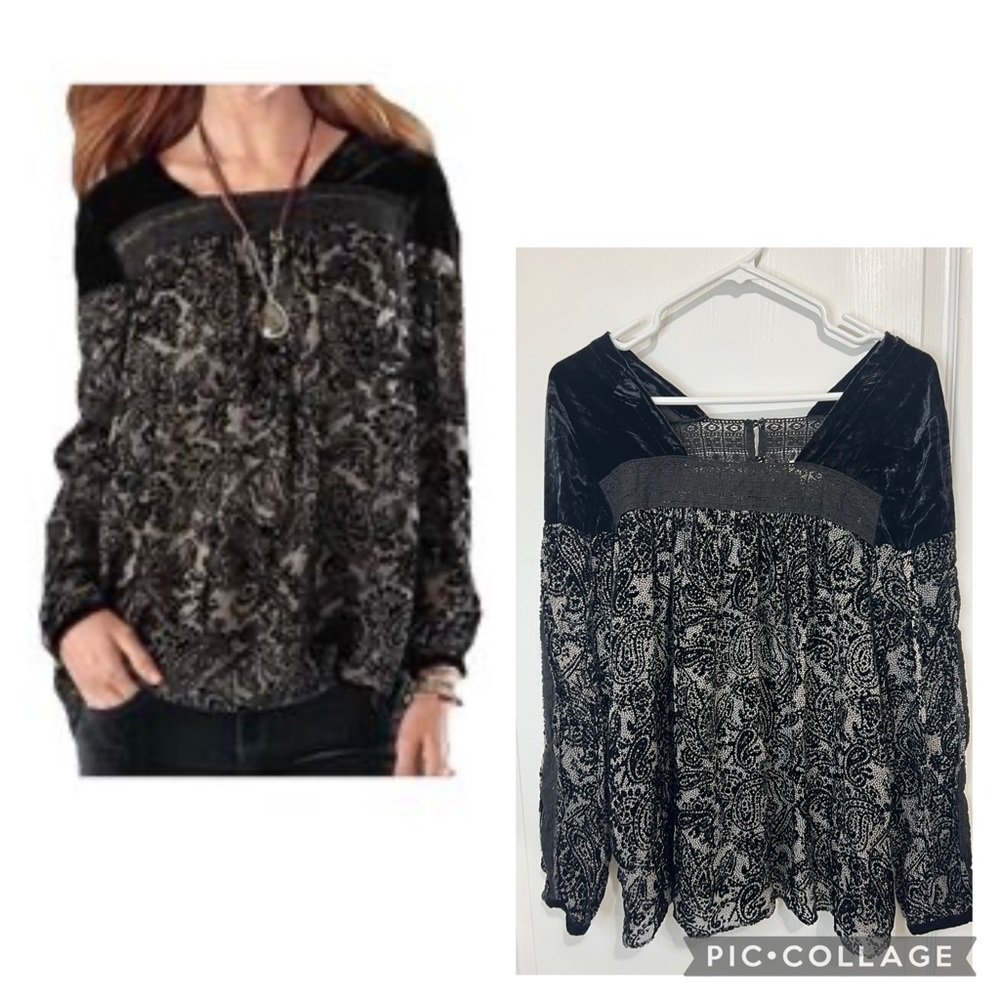 Sundance Black Velvet Burnout Paisley Blouse Sz Medium